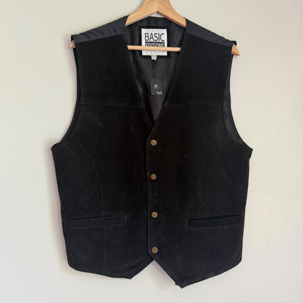 Vintage Mens Black Suede Leather Vest Western Biker Snap Front Medium